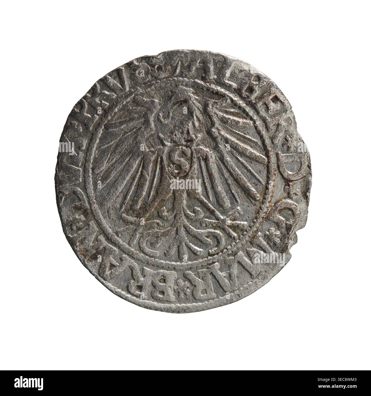 grosz, Schilling, Maciej, R0 (Rarität), Albrecht Hohenzollern (Prinz von Preußen; 1490–1568) — Ikonographie: adler, Hohenzollern (Wappen), Männerbüsten in Rüstung. UBV.: Preußischer Adler, auf seiner Brust der gekrönte Buchstabe S; im Rand, zwischen perlenförmigen Rändern, Inschrift beginnend mit einem Dreireifen: LBER*D*G*MAR*BRA, PRV. RS.: Rüstungsbüste in Rüstung im Profil nach rechts gedreht; kurzes Haar, langer Bart mit Koteletten, die innere Grenze trennt; im Rand, zwischen den perlenförmigen Rändern, Inschrift beginnend mit dem Hohenzollernschild: *IVSTVS*EX*FIDE*V, VIT*, 1543. Herzogtum Preußen (1525– Stockfoto