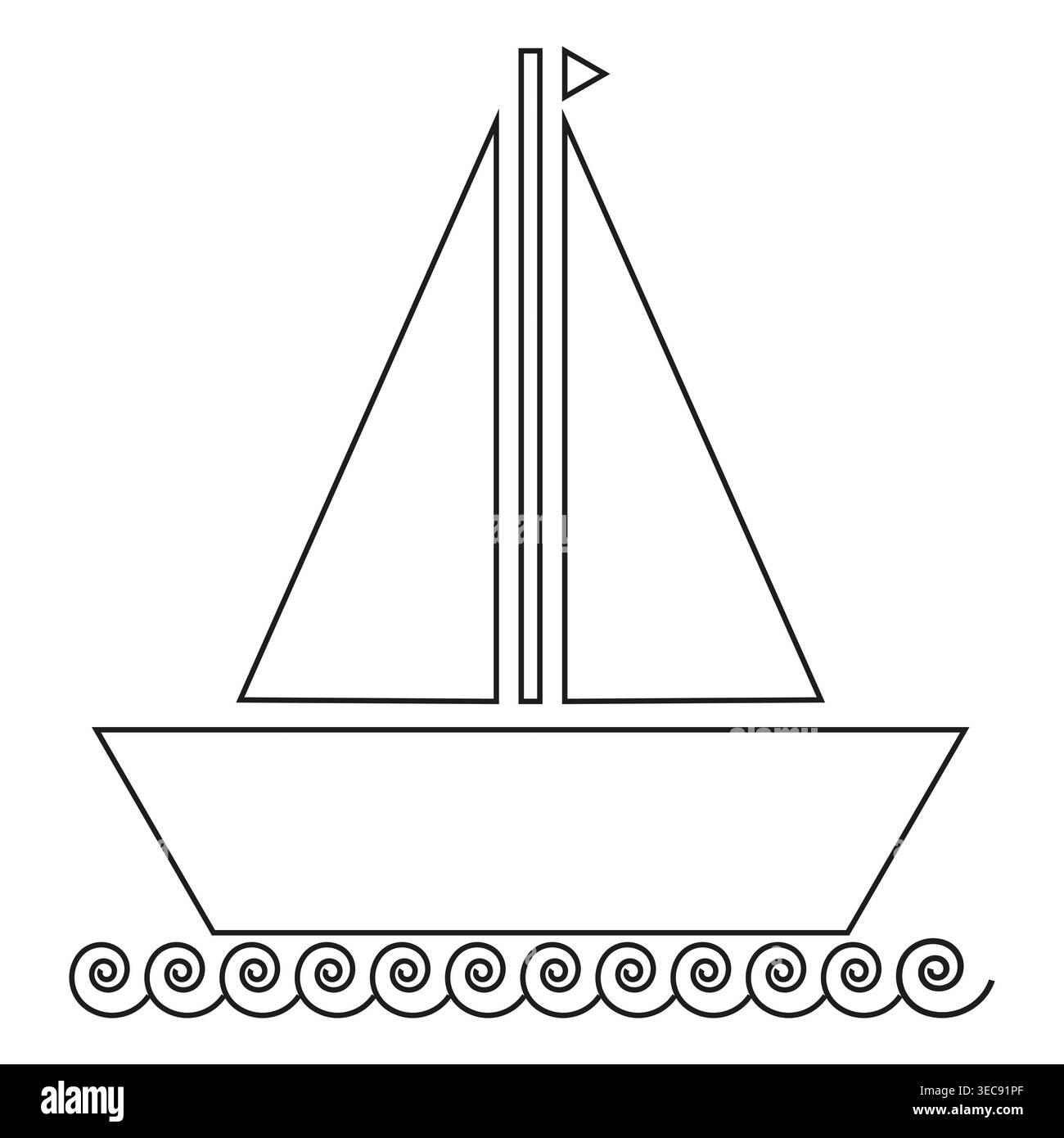 Umrisszeichnung für Segelboote. Vektorsymbol für Yacht. Einfacher Seetransport. Nautisches Wellenelement. Stock Vektor