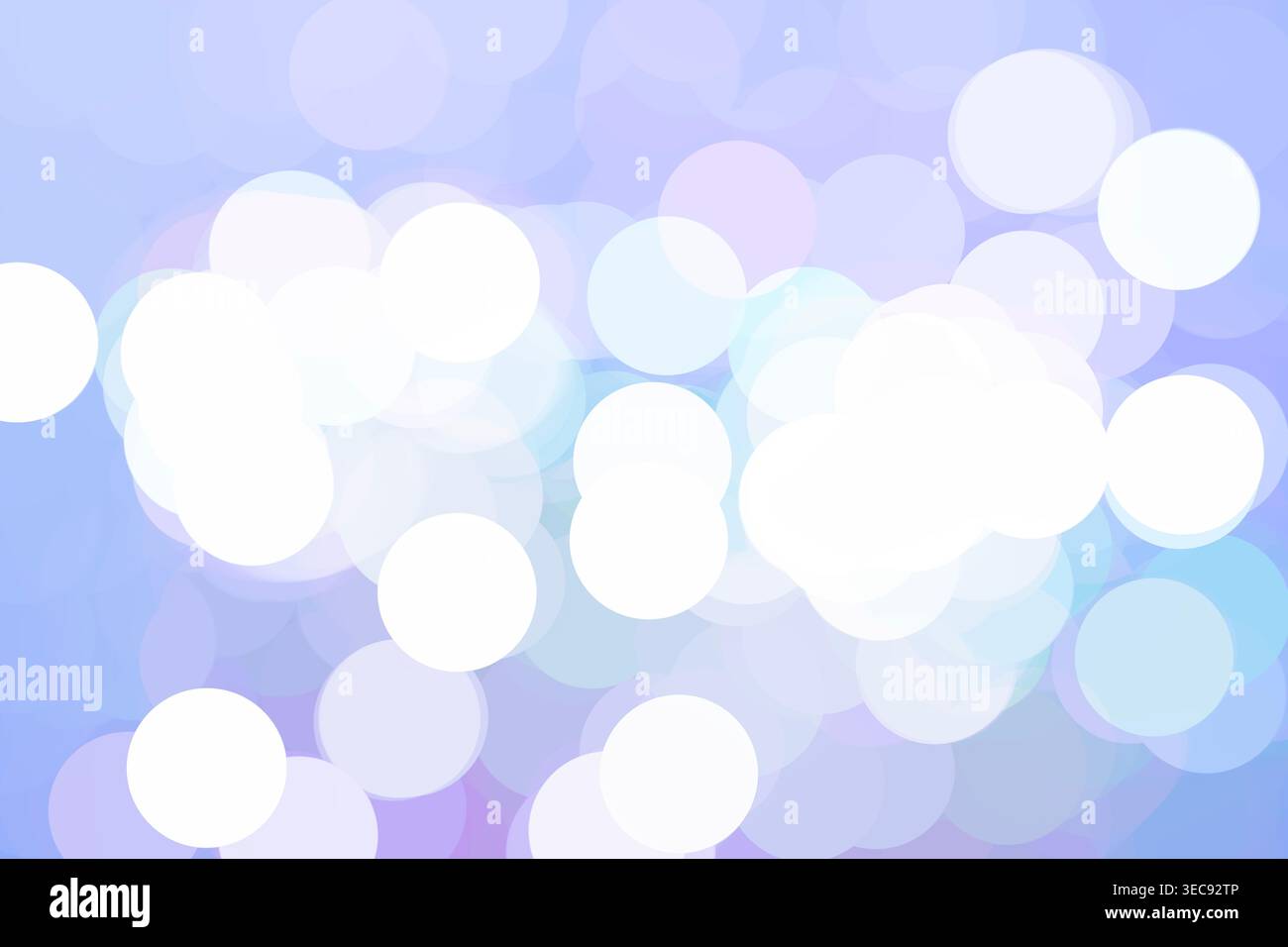 Weiche abstrakte Illustration in Pastellfarben mit weißen Bokeh-Kreisen auf einem blauen und lavendelfarbenen Hintergrund, verschwommene leuchtende Lichter, dekoratives Banner, Kopierraum. Stockfoto