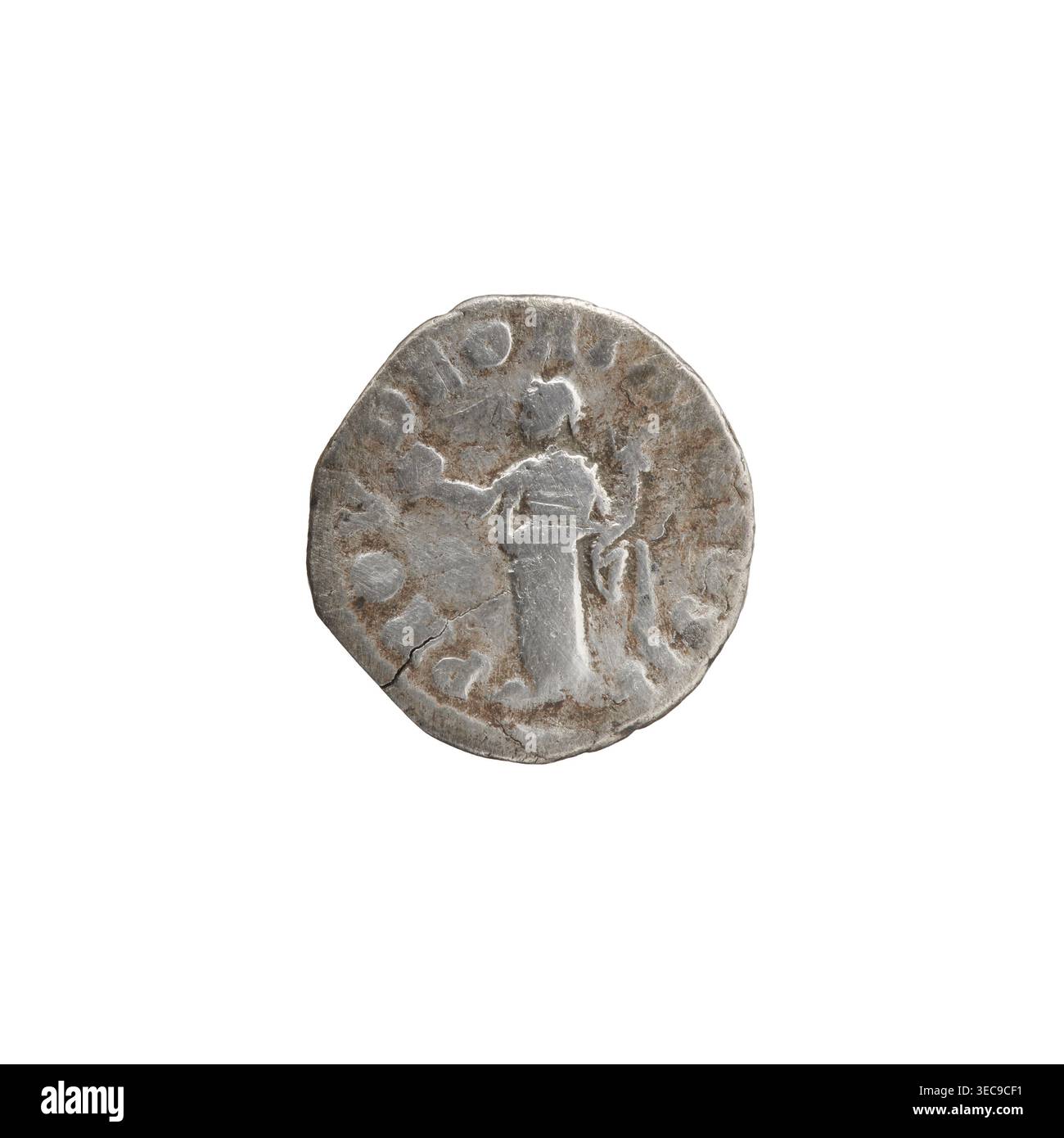 Denar von Lucius Verus (130–169; römischer Kaiser 161–169), Herausgeber Lucius Verus. Vorderseite: Kopf von Lucius Verus nach rechts freigelegt, Legende IMP L AVREL ERVS AVG. Reverse: Providentia steht links, hält einen Globus in ihrer ausgestreckten rechten Hand und einen Kornukopia in ihrer linken Hand, Legende PROV DEOR T, II COS II Datum: 161–162. Römisches Reich, Rom. Münze; Durchmesser 16,5–17,5 mm, Gewicht 2,43 g, Achse 180°, A rund, getragene Münze mit unregelmäßigen Kanten, die eine erhöhte, leicht detaillierte menschliche Figur im Profil zeigt, stehend und nach rechts gerichtet, mit einem ausgestreckten Arm und einem anderen Arm zum Körper hin gebeugt; die Oberfläche hat Stockfoto