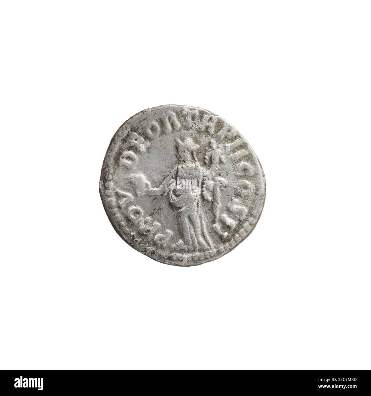 Denar von Lucius Verus (130–169; römischer Kaiser 161–169). Vorderseite: Kopf von Lucius Verus nach rechts freigelegt, Inschrift IMP L VERVS AVG. Rückwärts: Providentia steht links, hält einen Globus in ihrer ausgestreckten rechten Hand und eine Kornukopie in ihrer linken Hand, Inschrift PROV·DEOR·TR P II COS II Datum: 161–162. Römisches Reich. Rom. Münze; Silber. Durchmesser 16,5–17,5 mm; Gewicht 3,04 g; Achse 180°; kleines runder metallischer Gegenstand mit abgenutztem, hochgestecktem Relief in der Mitte, mit einer stehenden menschenähnlichen Form mit drapierter Kleidung und einem ausgestreckten Arm; die Oberfläche ist strukturiert und uneben mit Dellen und Stockfoto
