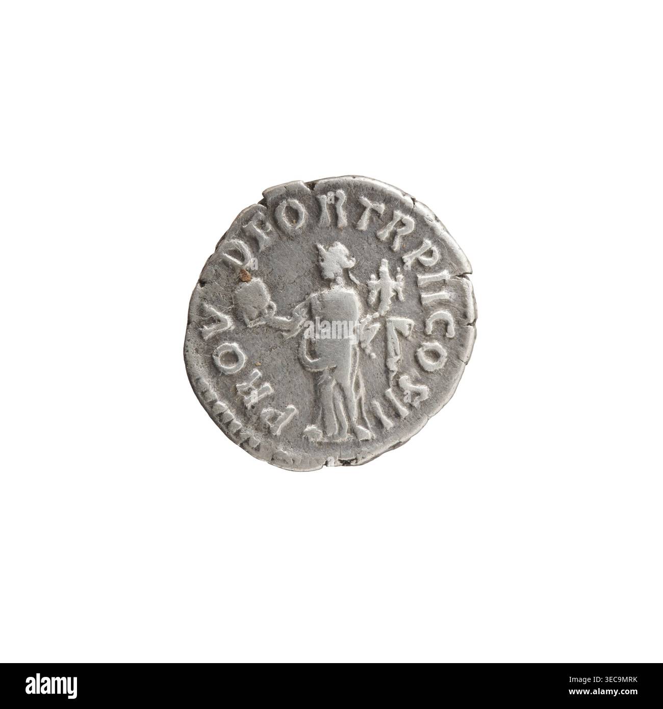 Denar von Lucius Verus (130–169; römischer Kaiser 161–169), Herausgeber Lucius Verus. Vorderseite: Kopf von Lucius Verus nach rechts freigelegt, Legende IMP L AVREL VERVS AVG. Reverse: Providentia steht links, hält einen Globus in ihrer ausgestreckten rechten Hand und einen Kornukopia in ihrer linken Hand, Legende PROV–DEOR TR P II COS II Datum: 161–162. Römisches Reich (27 v. Chr.–476), Rom. Münze; Silber. Durchmesser 16,0–17,5 mm, Gewicht 3,29 g, Achse 180°, Ein kleines rundes metallisches Objekt mit abgenutzter Oberfläche wird auf weißem Hintergrund dargestellt; das Objekt erscheint silbergrau mit dunkelgrauen Vertiefungen und einigen bräunlichen Flecken, und Stockfoto