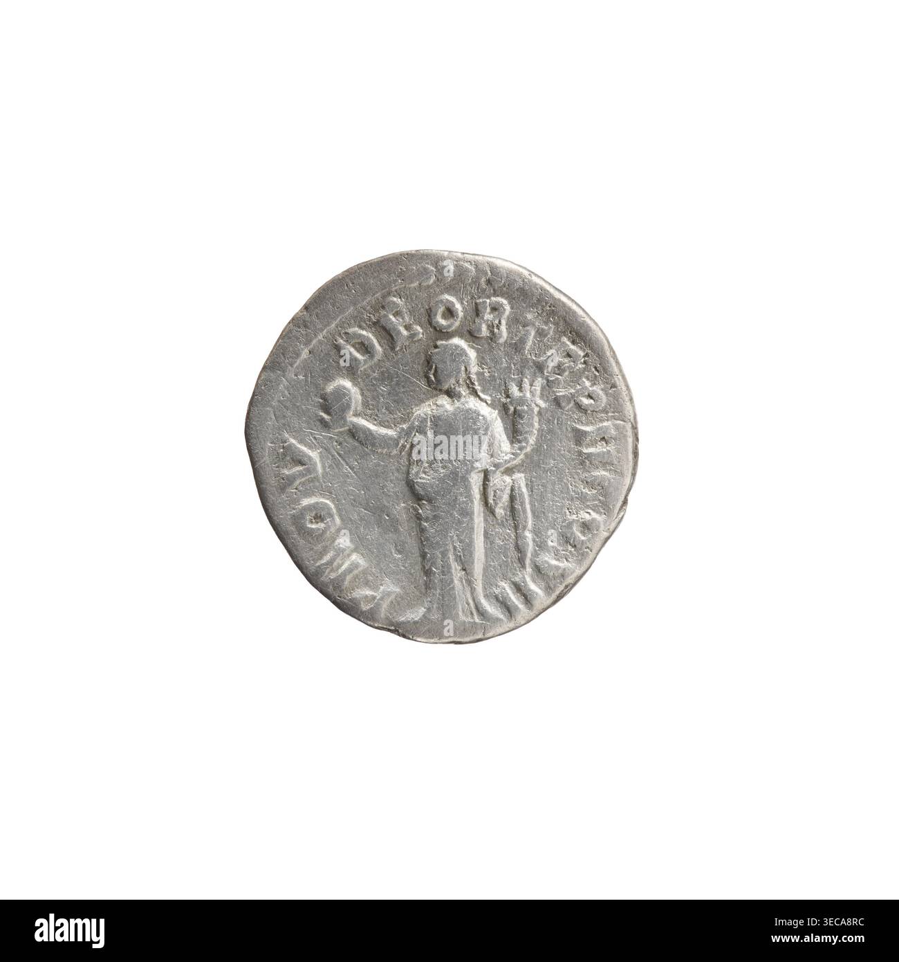 Denar von Lucius Verus (130–169; römischer Kaiser 161–169). Vorderseite: Kopf von Lucius Verus nach rechts freigelegt, Legende L VERVS AVG. Rückwärts: Providentia steht links, hält einen Globus in ihrer ausgestreckten rechten Hand und einen Kornukopia in ihrer linken Hand, Legende PROV·DEOR·TRP·II·COS·II Datum: 161–162. Kultur/Ort: Römisches Reich, Rom. Medium/Objekttyp: Münze. Durchmesser: 17,0 mm. Gewicht: 2,75 g. Achse: 195°., Ein runder metallischer Gegenstand mit abgenutzter silbergrauer Oberfläche sitzt auf weißem Hintergrund; das Objekt zeigt eine erhöhte Darstellung einer stehenden menschlichen Figur von hinten gesehen mit einem Arm ausgestreckt und der Stockfoto