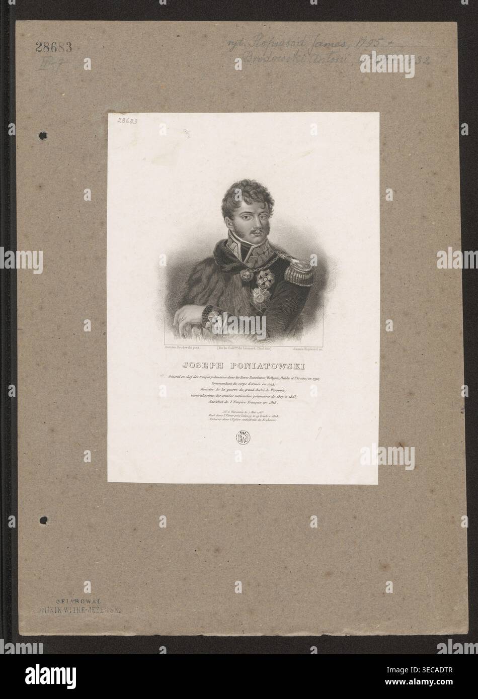 Porträt des Prinzen Józef Poniatowski; grafischer Druck nach Antoni Brodowski (Maler); Grafiker: James Hopwood (ca. 1795 Jeżewski 1839–1855 1862 1841, jung); Herausgeber: Leonard Chodźko (1800–1871 1944); Darstellung von Józef Antoni Poniatowski (1763–1813), napoleonische Ära (1799–1815); enthält Ikonographie von Józef Antoni Poniatowski 21,1 cm 15,5 cm Stockfoto