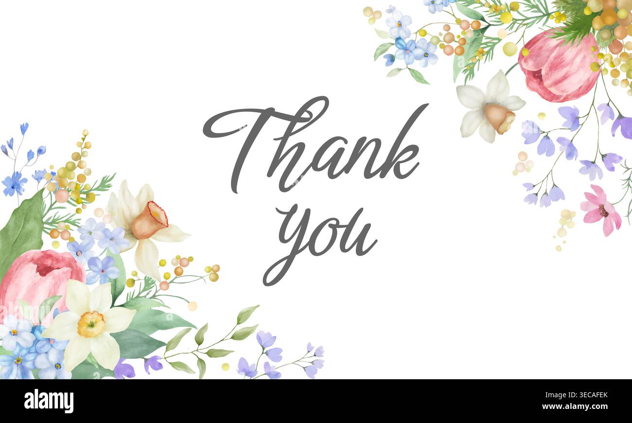 Aquarellvorlage „Danke“ mit Frühlingsblumen. Horizontales Blumenbanner mit rosafarbenen Tulpen, Narzissen und gelben Mimosen. Vektor. Stock Vektor