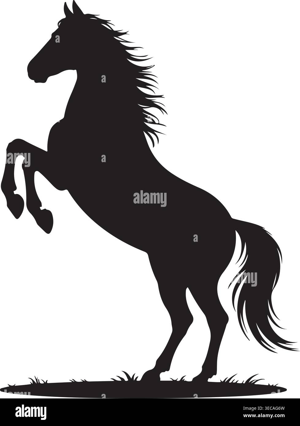 Auffällige schwarze Silhouette eines majestätischen Pferdes, das sich auf seinen Hinterbeinen aufhält, kraftvoll und dynamisch, mit fließender Mähne und Schwanz. Stock Vektor