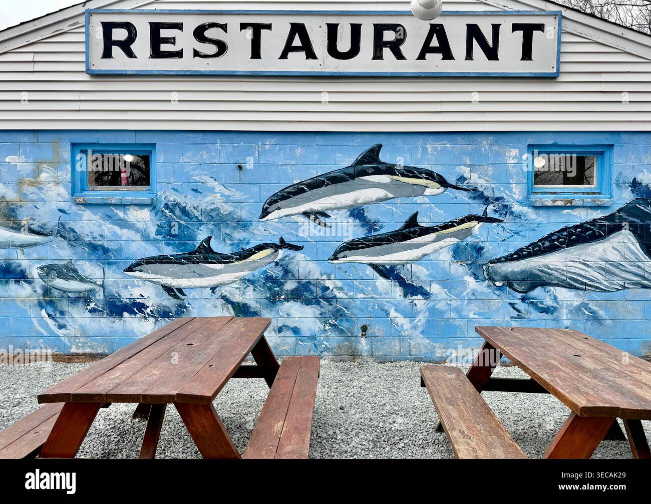 Gemaltes Wandgemälde mit Meeresmotiven auf der Außenterrasse eines Restaurants in Orleans, Massachusetts - Smartphone-aufgenommenes Stockfoto