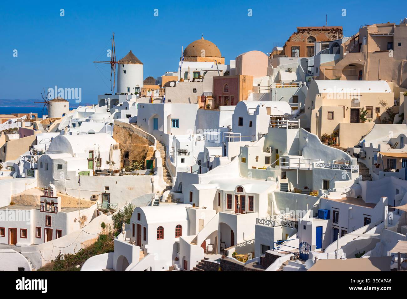 Stadt Oia auf Santorin, Griechenland. Traditionelle und berühmte Häuser und Kirchen mit blauen Kuppeln über die Caldera, Ägäis Stockfoto
