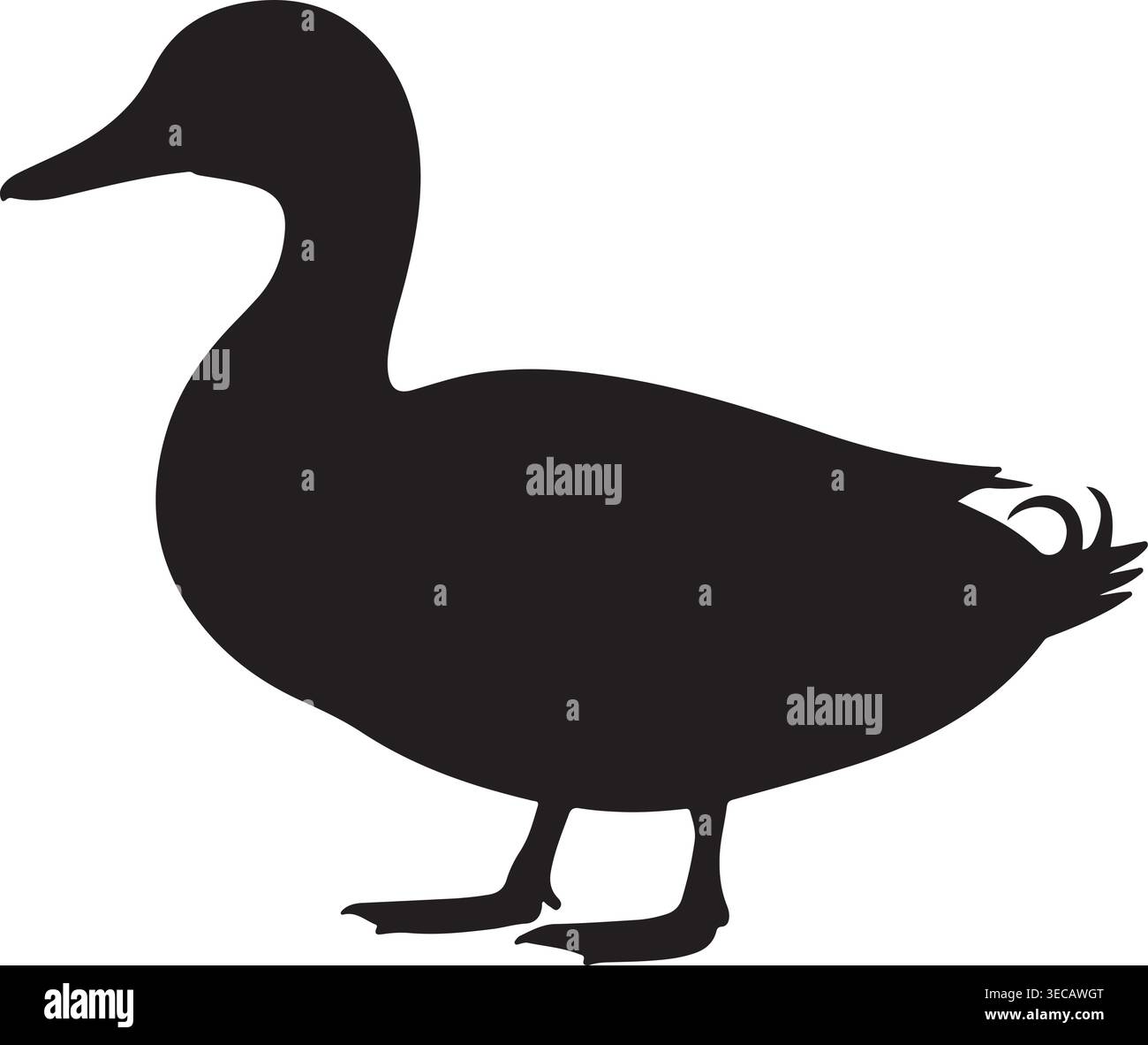 Schwarze Silhouette einer stehenden Ente, isoliert auf weißem Hintergrund, Seitenansicht. Einfache Vektorgrafik-Illustration eines Wasservogels, Vogel, anseriforme. Stock Vektor