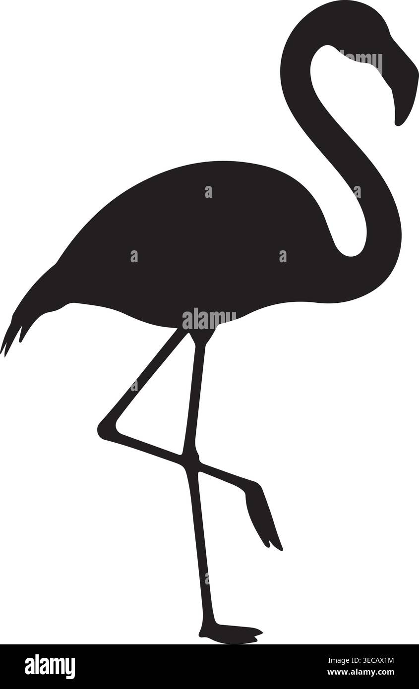 Elegante schwarze Silhouette eines Flamingos, der anmutig auf einem Bein steht, isoliert auf einem sauberen weißen Hintergrund. Diese Vektorgrafik fängt den Kultcharakter ein. Stock Vektor