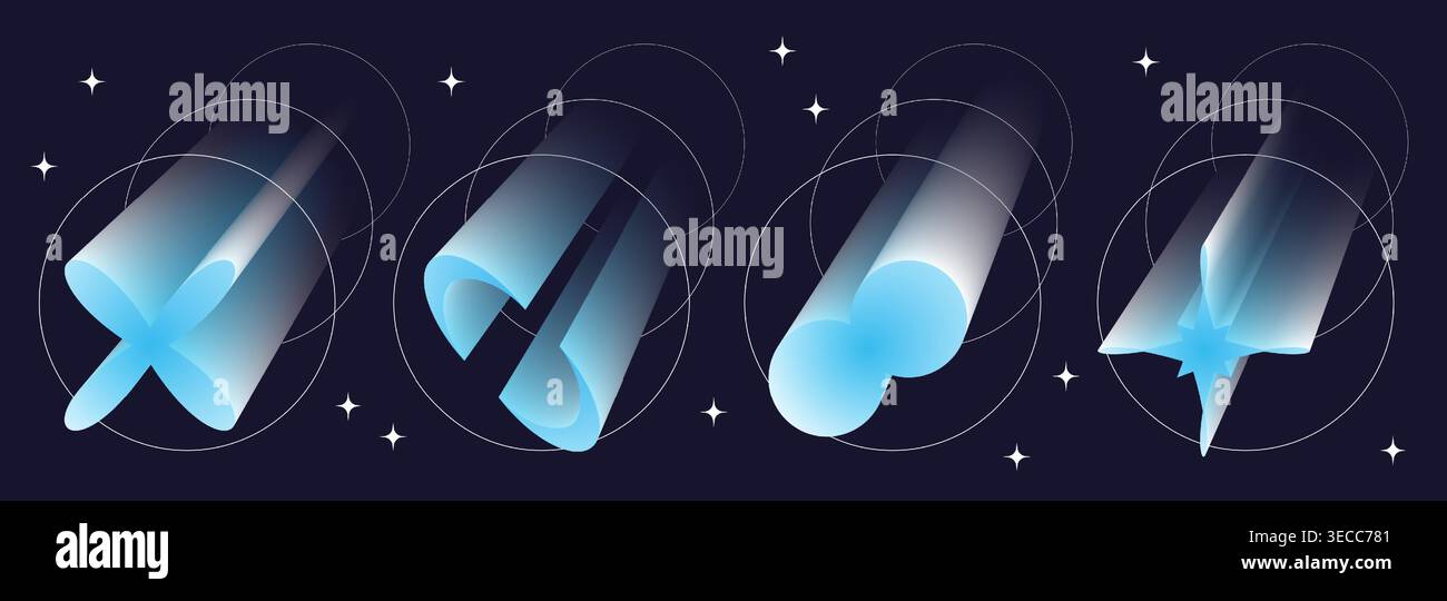 Y2K Ästhetische Aura-Symbole mit Farbverlauf, 3D-Perspektive und Neonlicht. Abstrakte holografische Vektorformen, weiche Unschärfeeffekte und trendige Stickerelemente für moderne Designprojekte. Stock Vektor