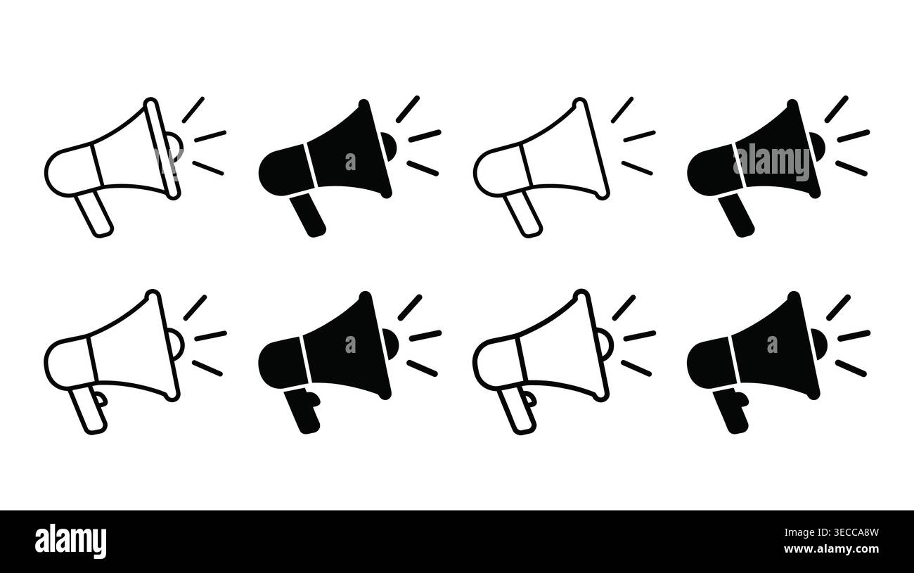 Sammelstelle für Megafon-Kommunikationssymbole, moderne flache Glyphen-Symbole, Werbung, Marketing, öffentliche Ansprache und Nachrichten. Stock Vektor