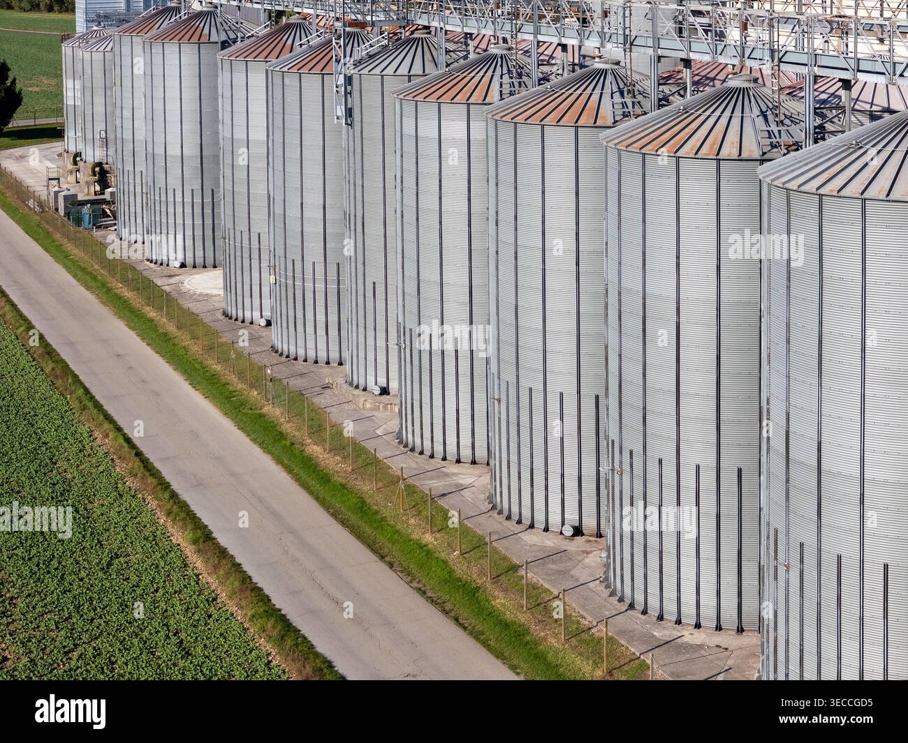 Luftaufnahme von Kornsilos in einer Lagereinrichtung mit Darstellung der Struktur und Umgebung bei Tageslicht. Stockfoto