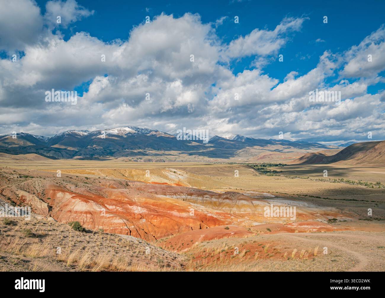 Aus der Vogelperspektive fängt die riesige Marslandschaft in Altai mit farbenfrohen Hügeln und hoch aufragenden schneebedeckten Bergen unter einem bewölkten Himmel ein Stockfoto