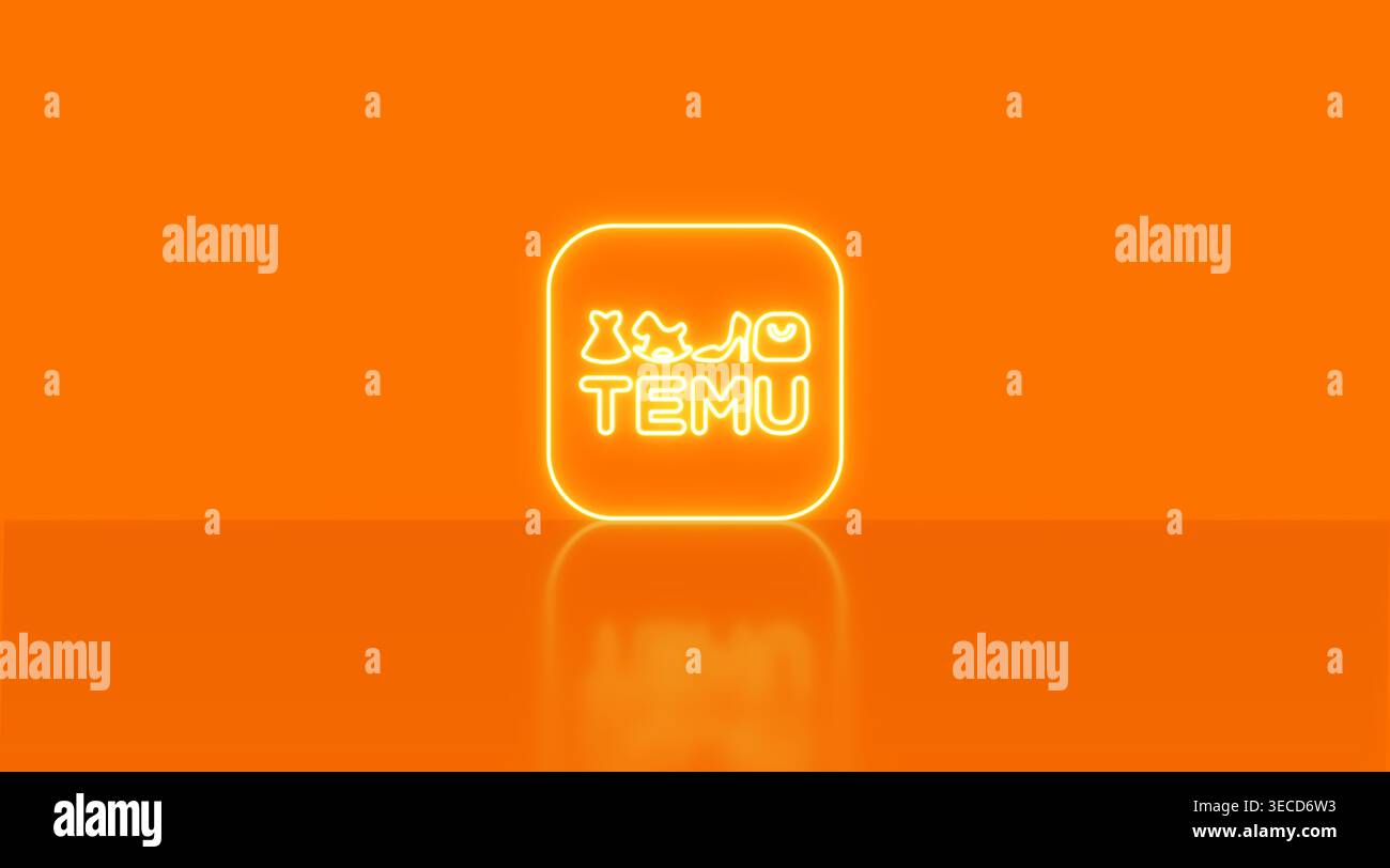 E-Commerce-App temu-Logo mit orangefarbenem Studiohintergrund. Repräsentiert Einzelhandel, Konsumverhalten und digitalen Markt Stockfoto