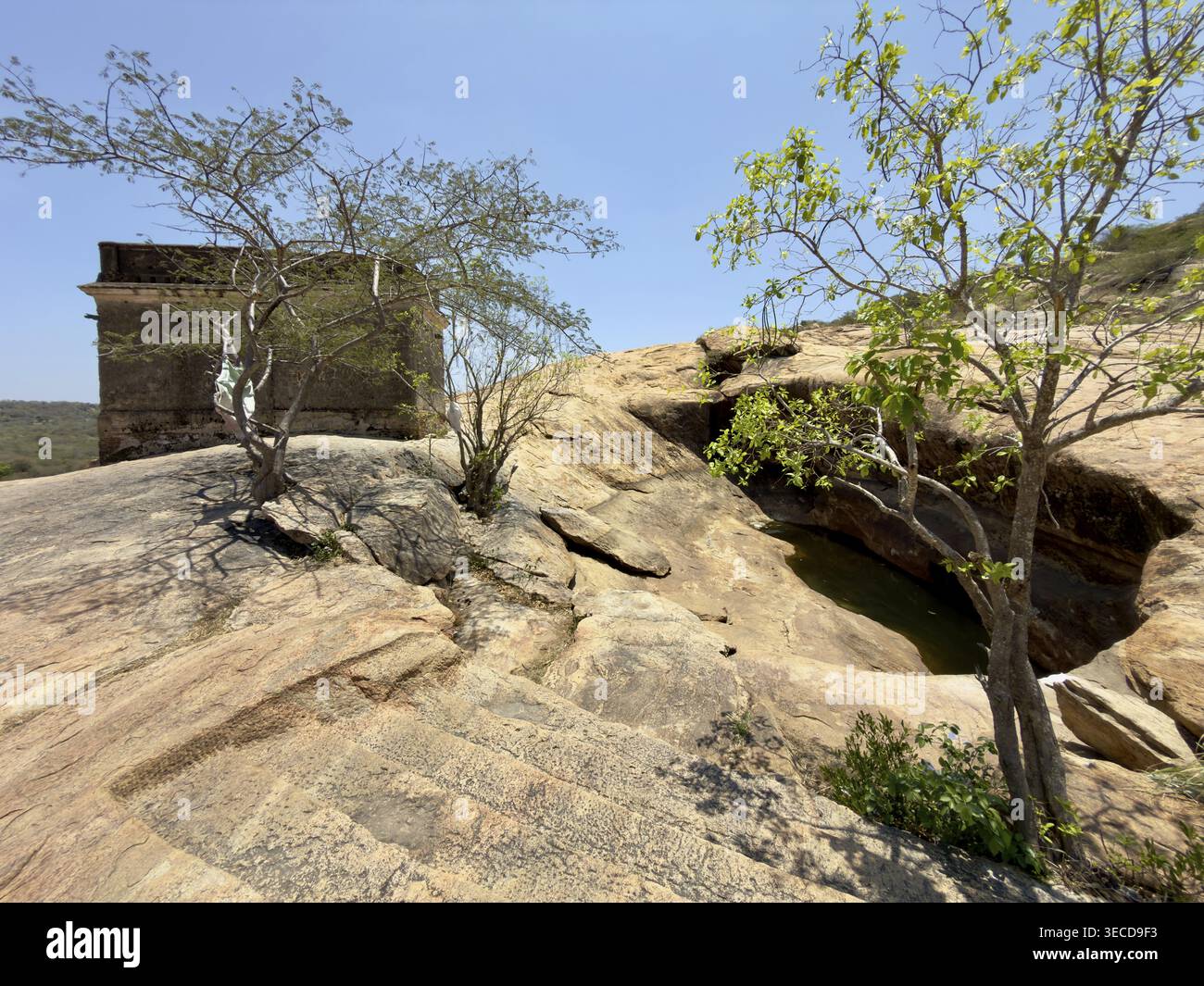 Felsige Landschaft mit einer kleinen Struktur und Bäumen unter einem hellblauen Himmel, Vijayalaya Choleeswaram Tempel, Tamil Nadu, Indien Stockfoto