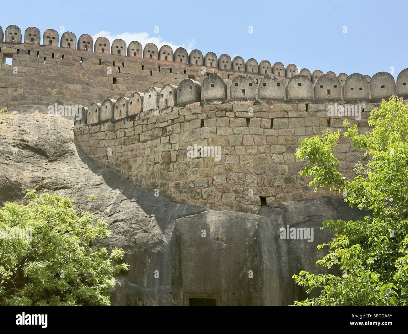 Detaillierte Ansicht einer Festungsmauer mit Zinnen und Baum im Vordergrund, Thirumayam Fort, Thirumayam, Tamil Nadu, Indien Stockfoto
