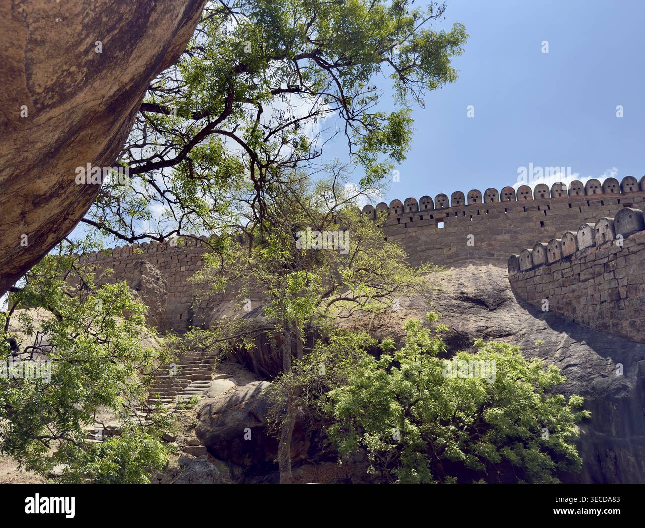 Historische Mauer umgeben von Bäumen und Felsen, blauer Himmel, Thirumayam Fort, Thirumayam, Tamil Nadu, Indien Stockfoto