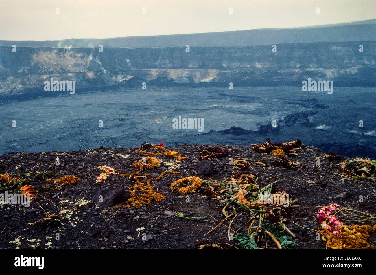 Blumenangebot von Besuchern neben dem Lava-See am Haleakalā oder dem East Maui Vulcano, Maui, Hawaii, Oktober 1988 Stockfoto