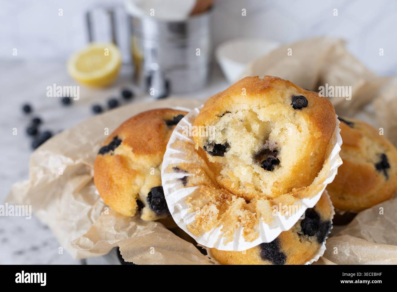 Enge Komposition von Heidelbeermuffins mit Eiern, Zitrone und Backelementen auf hellem Untergrund Stockfoto