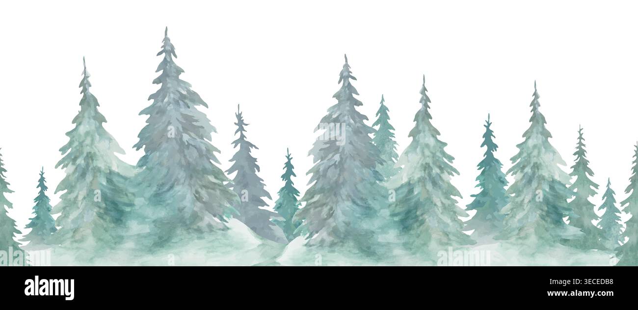 Wasserfarben Winterwald nahtlose Grenze mit Kiefern und Fichtenbäumen. Verschneite Waldlandschaften wiederholen horizontalen Rahmen isoliert auf weiß. Vektor-EPS. Stock Vektor