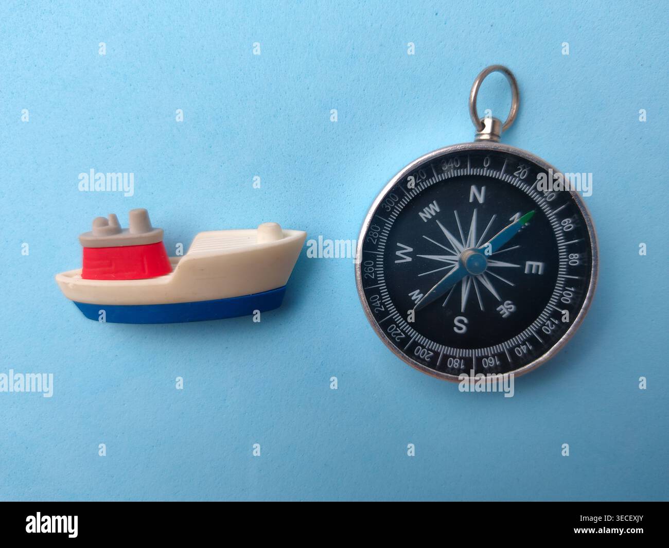 Neben einem silbernen magnetischen Kompass auf hellblauem Hintergrund befindet sich ein Miniatur-Spielzeugboot, das die geführte Seefahrt symbolisiert. Stockfoto