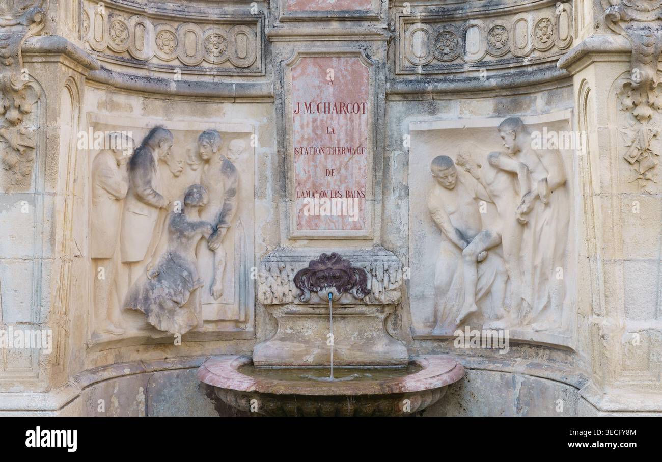 Der Jean Charcot Brunnen, Kurstadt Lamalou-les-Bains, Hérault, Frankreich Stockfoto