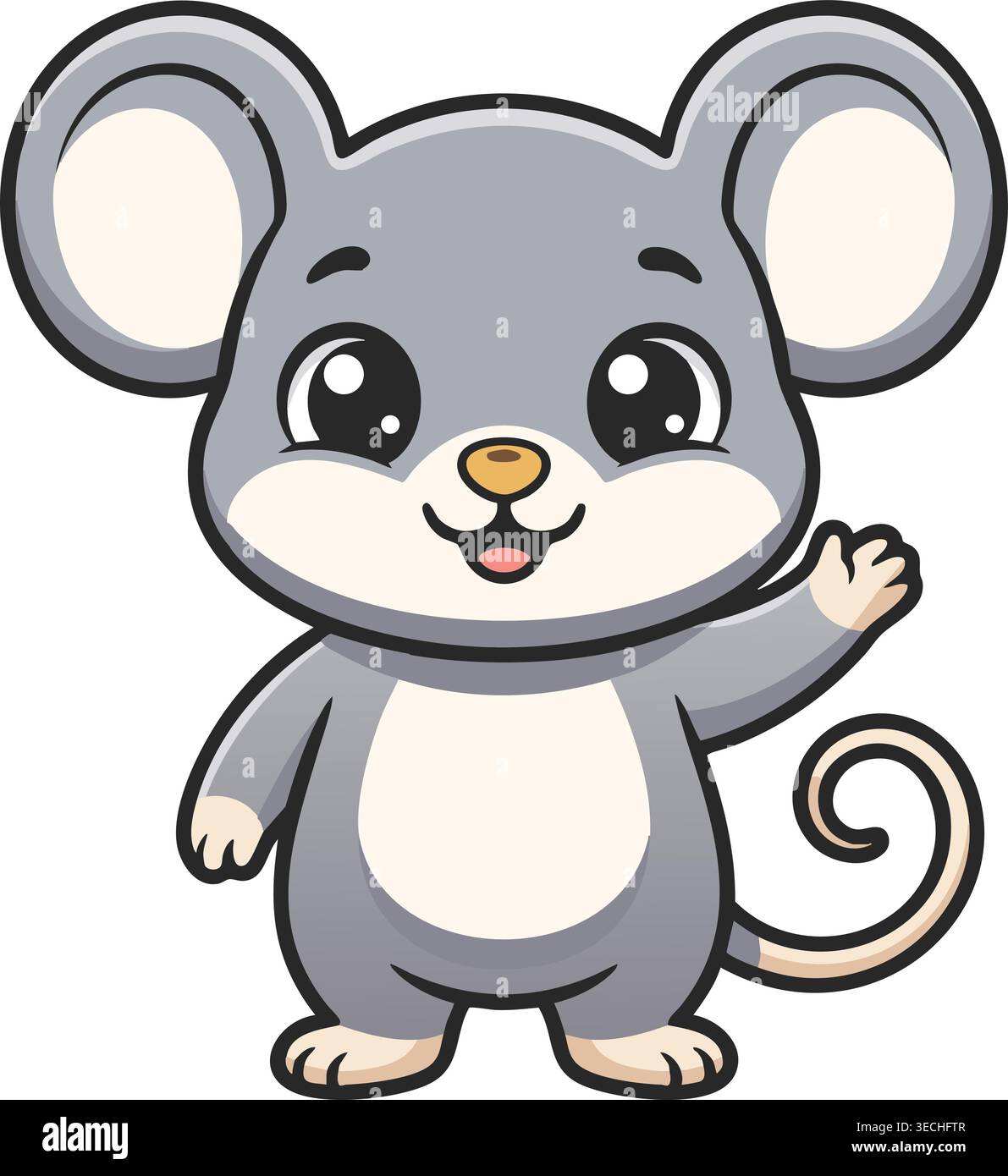Bezaubernde graue Maus-Zeichentrickfigur, die Hand winkt mit großen glänzenden Augen und lockigem Schwanz. Stock Vektor