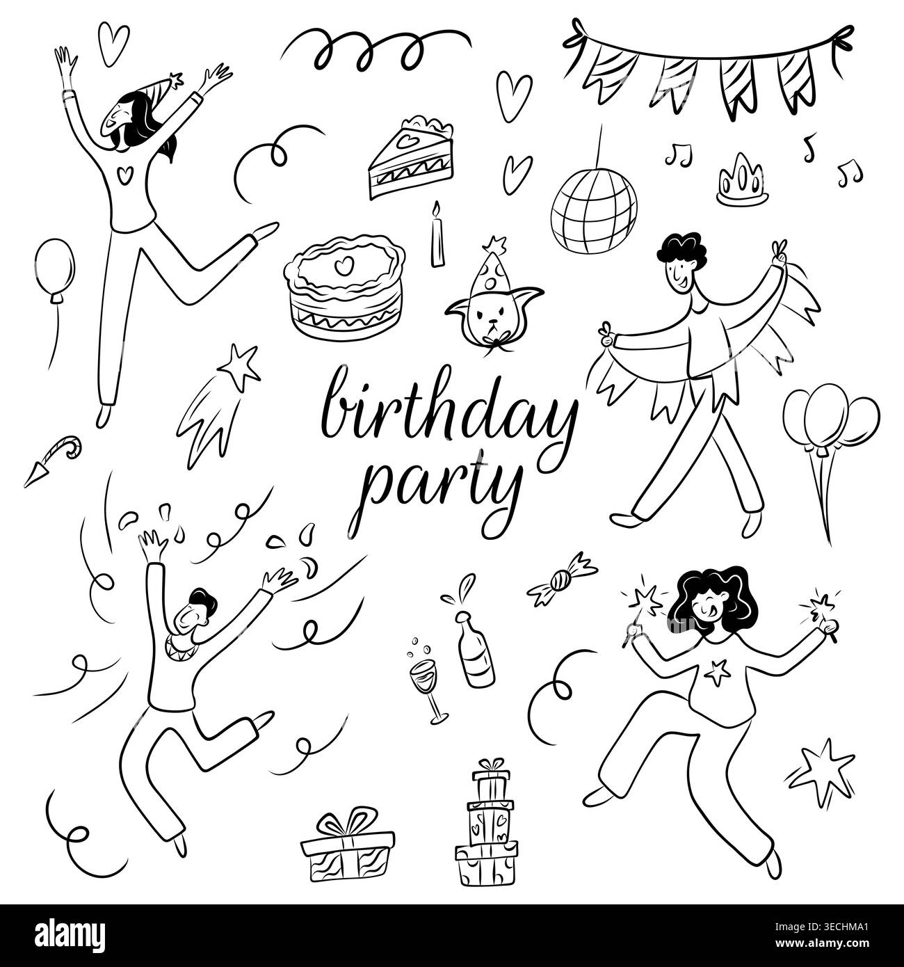Vektor-Illustration einer Geburtstagsparty im Doodle-Stil. Party, Karneval, Feier Stock Vektor