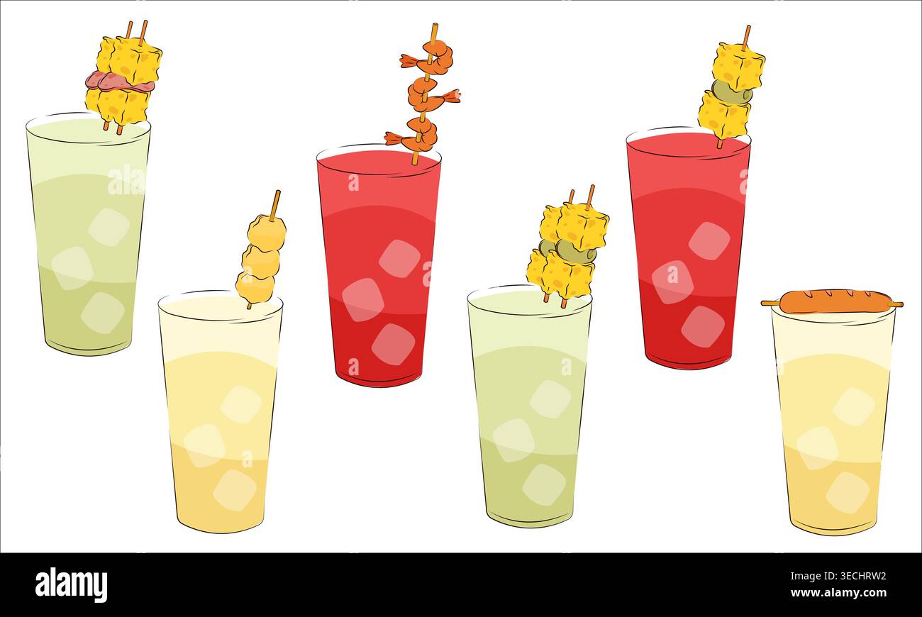 Vektor-Illustration von alkoholischen Getränken mit Snacks oben Stock Vektor
