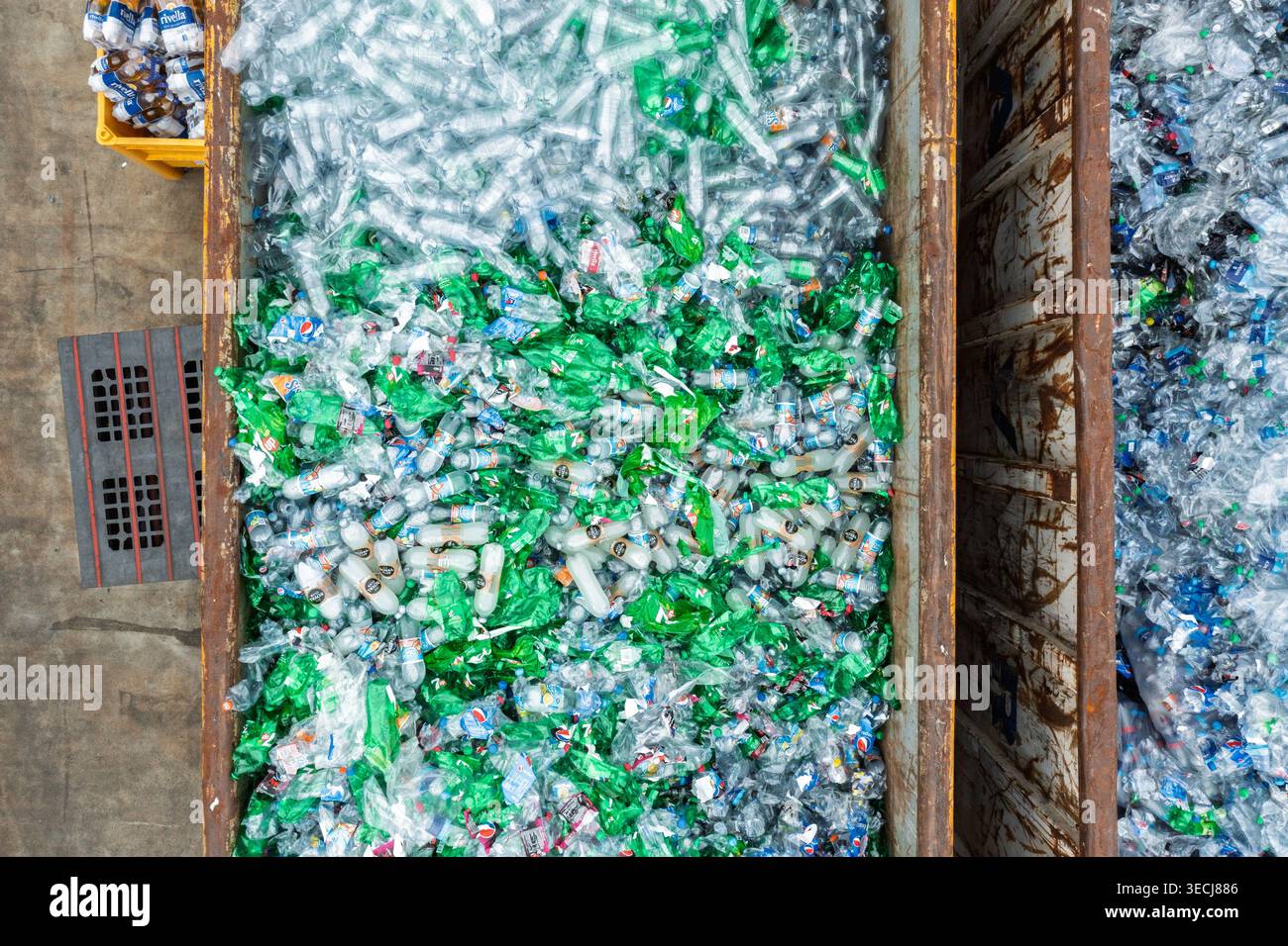 Aus der Vogelperspektive eines großen Metallbehälters, gefüllt mit Tausenden von klaren und grünen Kunststoffflaschen in einer Recyclinganlage. Stockfoto