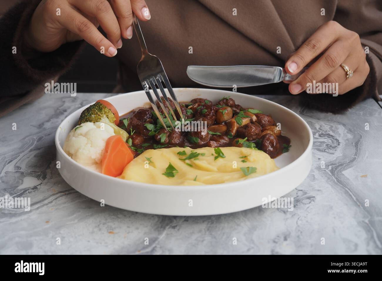 Schmackhafter Rindereintopf mit Kartoffelpüree und Gemüse, serviert auf Einem weißen Teller Stockfoto