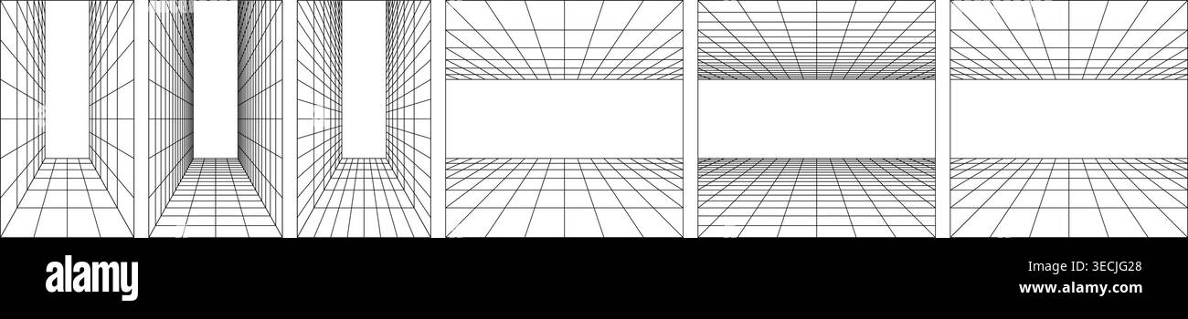 Arcade Grid bg und Ai Ground Lab. 3D y2k-Spiel mit einem einzelnen Fluchtpunkt-Plan. Der Metaverse-Elektronenraum des einfachen Fliesenbodens. Perspektivische Mathematik Stock Vektor