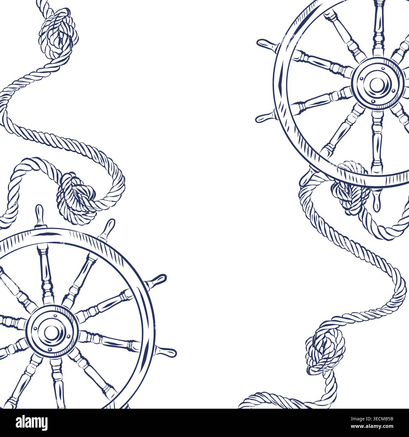 Ein Vektorrahmen auf einem Meeresmotiv mit einem Schiffsruder und einem Seil mit Knoten, alle Objekte sind handgezeichnet in Tinte. Eine maritimen Illustration für den Stock Vektor