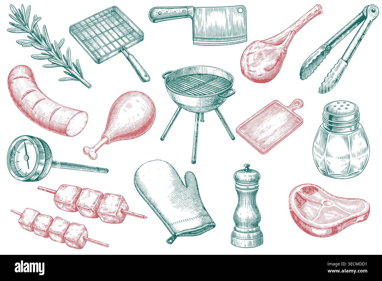 Set aus bunten handgezeichneten Barbecue- und Picknicksymbolen, einschließlich Fleisch-, Grill- und Kochzubehör, isoliert auf weißem Hintergrund. Stock Vektor