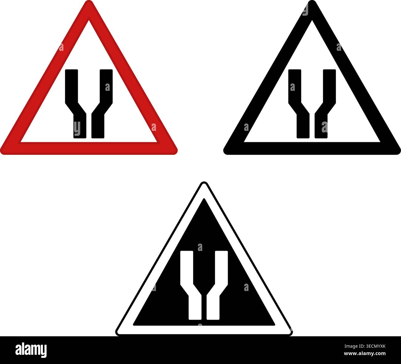Wegweiser Zur Breiteren Straße. Warnschilder. Rote, schwarze und weiße Vektorsymbole Stock Vektor