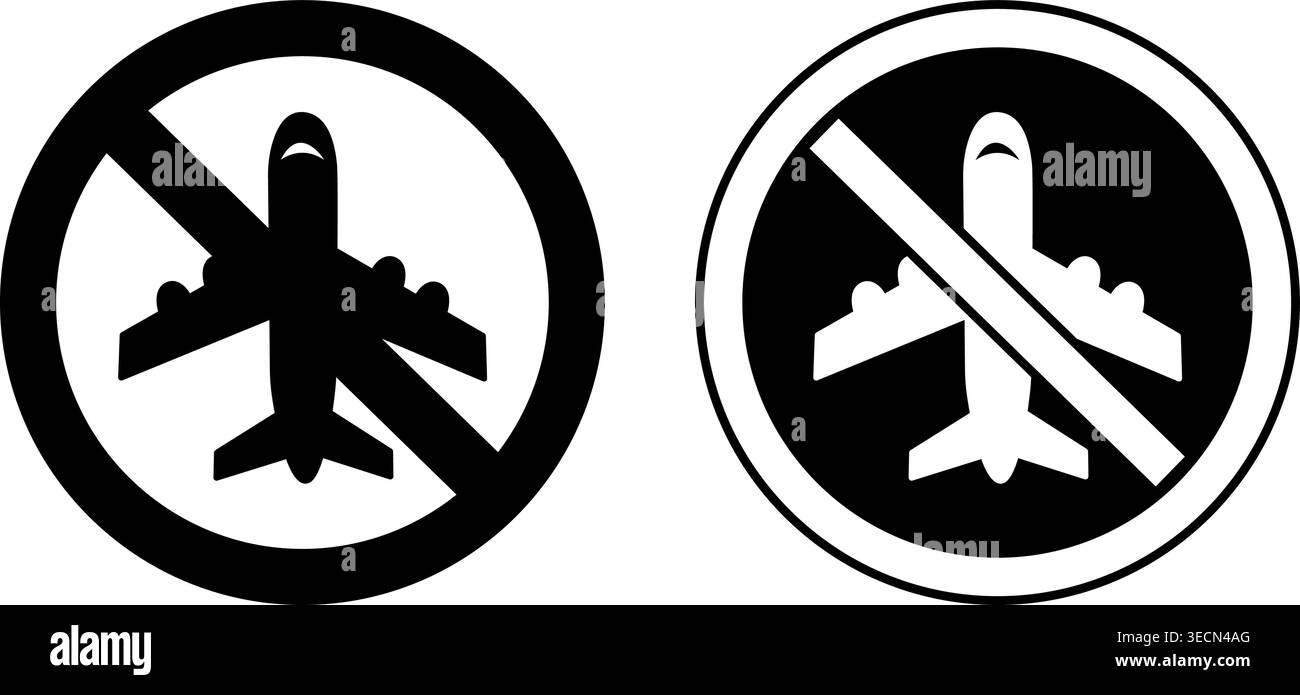 Schilder „No Flight“ (Flugverbot) Verbotsschilder Für Rundstraßen. Flugzeug Startet. Schwarzweiß-Vektorsymbole Stock Vektor