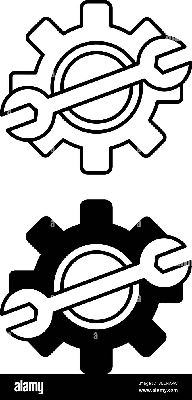 Servicesymbole. Schwarz-weiße Vektorsymbole von Zahnrad und Schraubenschlüssel. Servicewerkzeuge. Car Service Konzept Stock Vektor