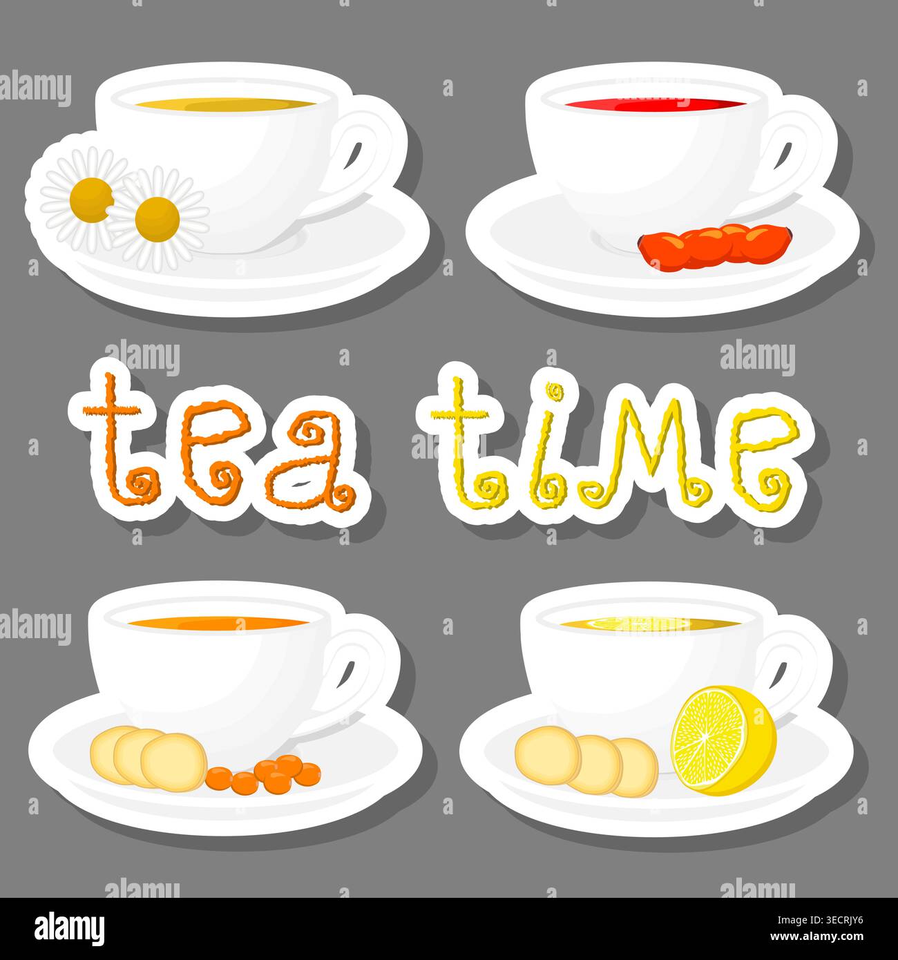 Illustration zum Thema große farbige Set Porzellanbecher für leckeren Tee, Porzellanbecher bestehend aus Sammlung Zubehör auf Küche zu Tee, frisch herzhaft Stock Vektor