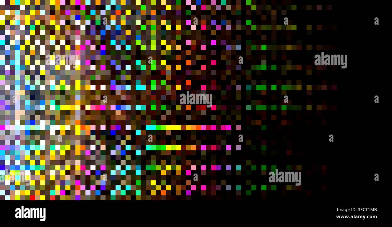 Abstraktes farbenfrohes Pixelraster, das verzerrt und in Dunkelheit verschwindet und den Datenverfall darstellt Stockfoto