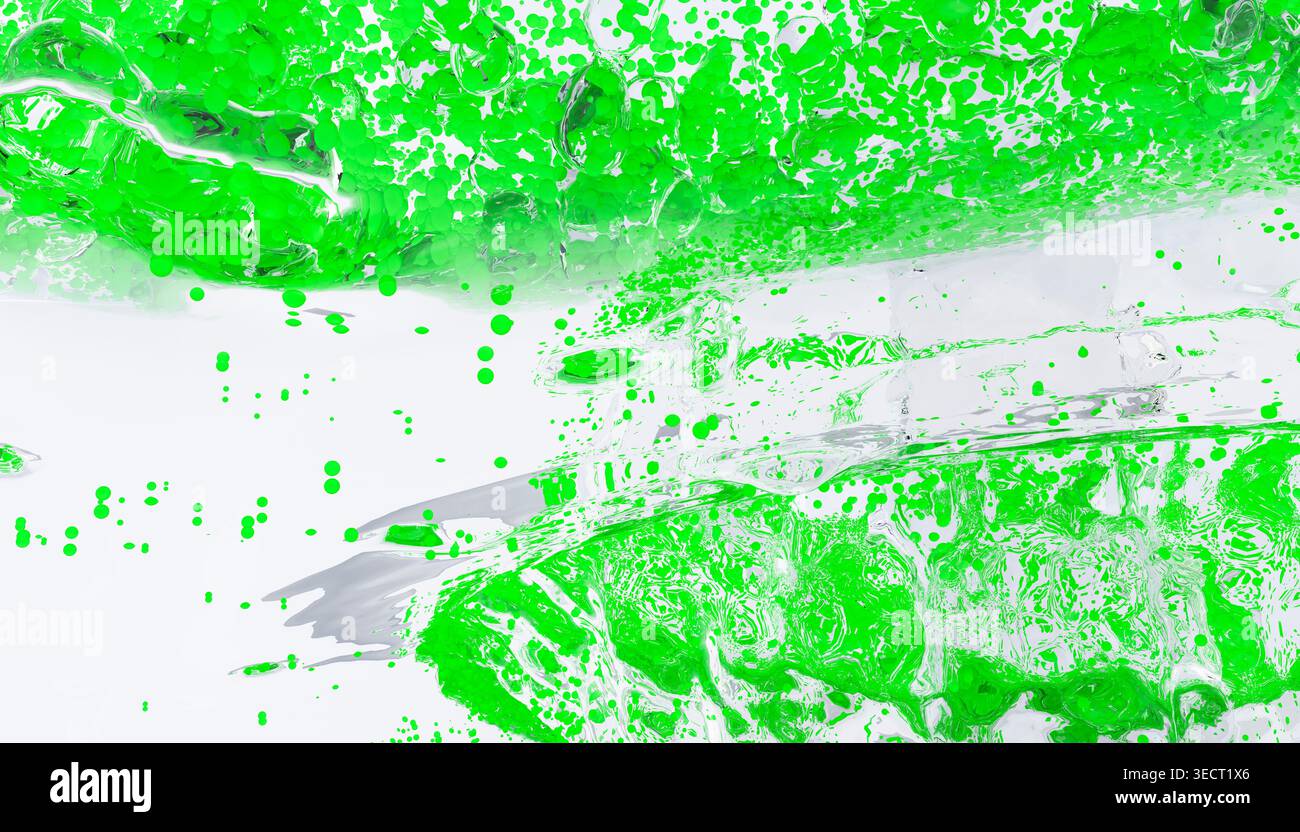 Abstraktes Bild mit leuchtenden grünen Blasen auf klarem, transparentem Hintergrund. Die verstreuten Blasen erzeugen einen dynamischen visuellen Effekt, perfekt für d Stockfoto