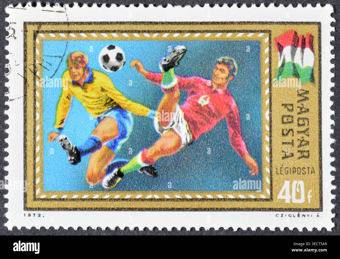 Gestempelte Briefmarke, gedruckt von Ungarn, die 1972 die UEFA Fußball Europanische ChamiChampionship, Belgien, um 1972 fördert. Stockfoto