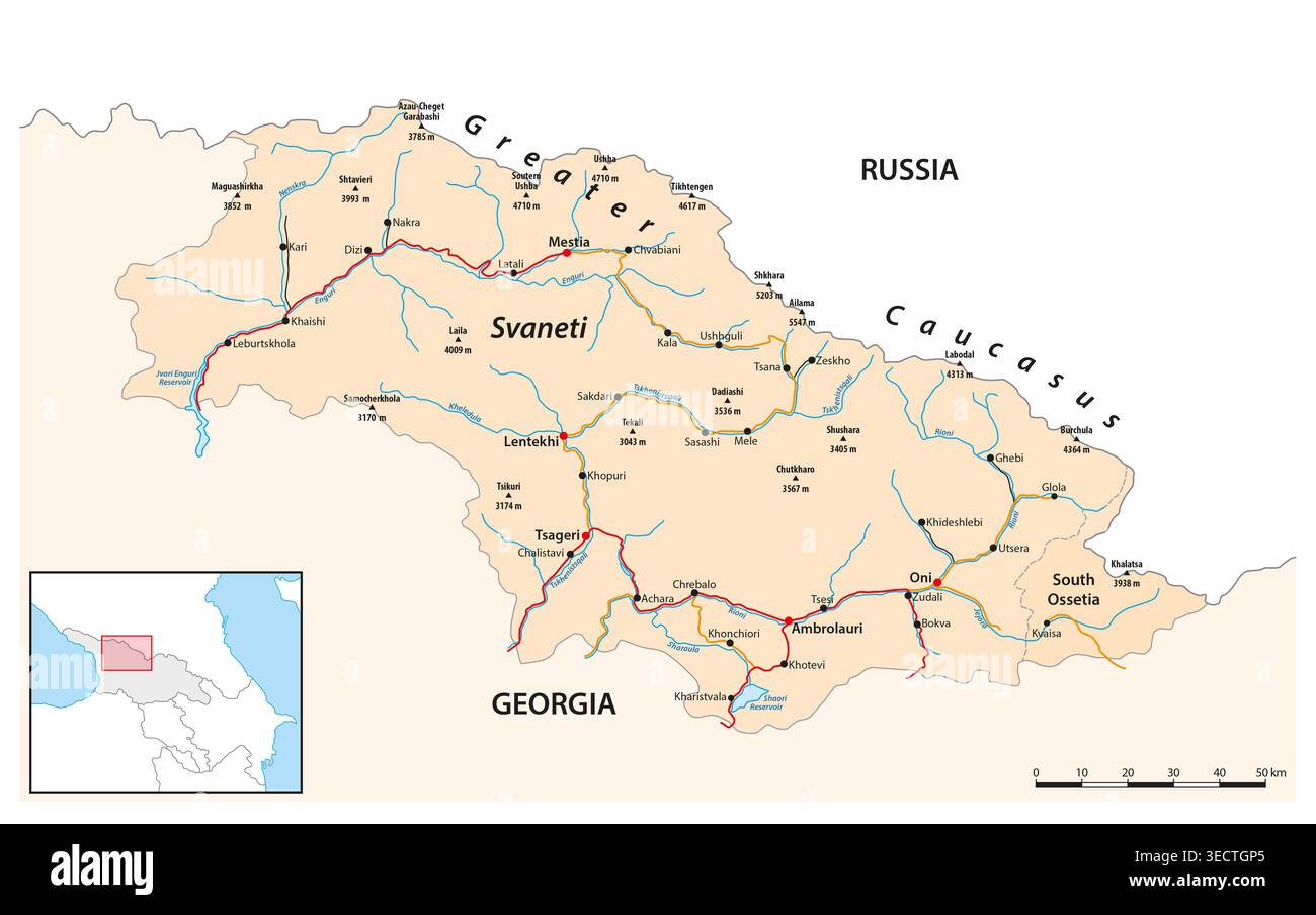 Karte der georgischen historisch-geografischen Region Svaneti Stockfoto