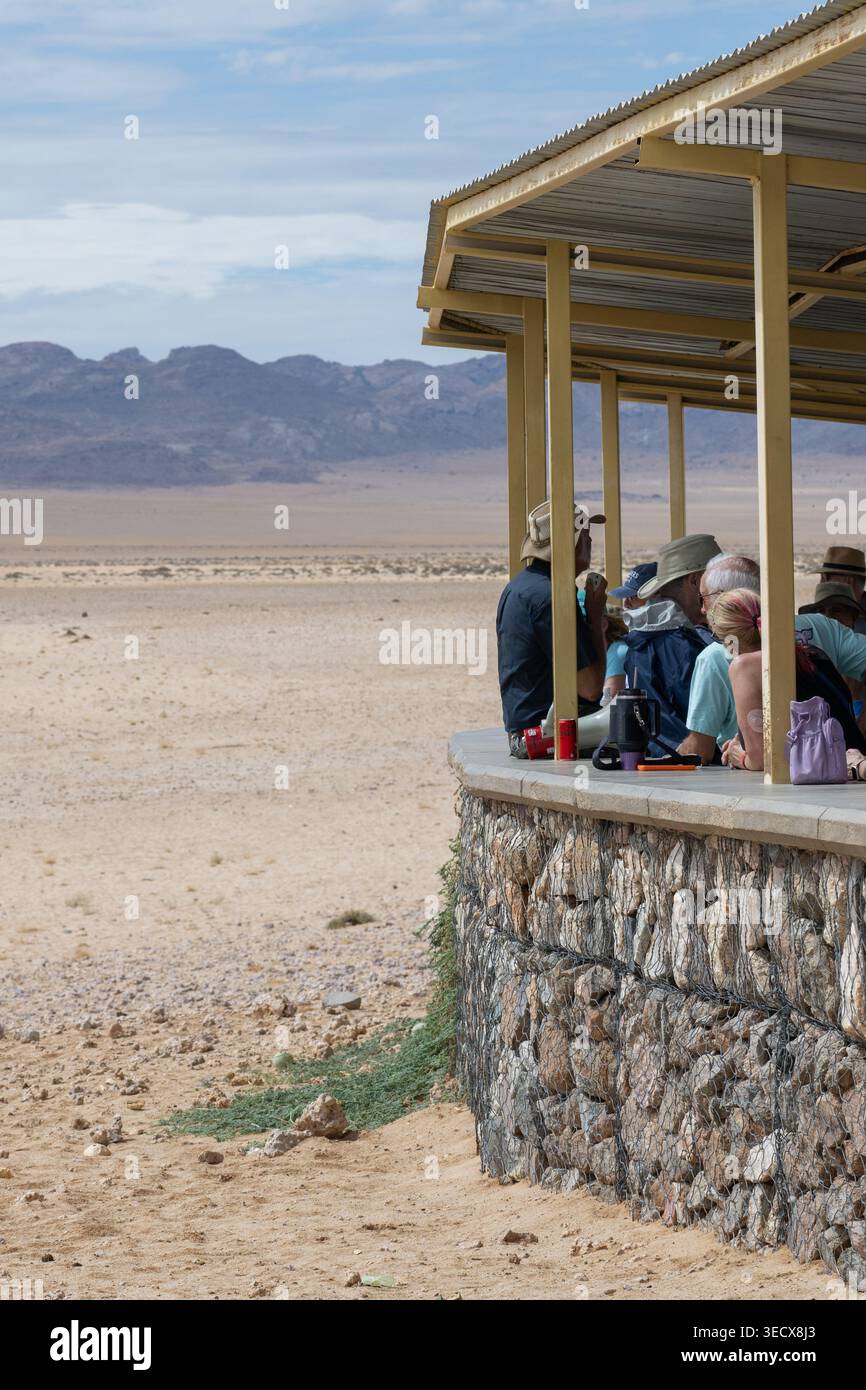 Afrika, Namibia. Wilde Pferde der Namib-Wüste. Besucherzentrum lookoiut. Stockfoto