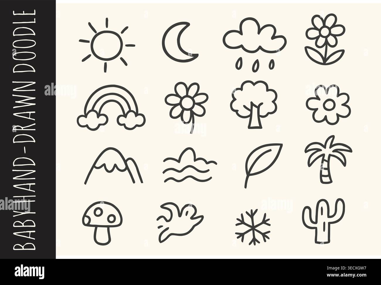 Handgezeichnete Natursymbole mit niedlichen Wetter- und Pflanzenkritzelementen Stock Vektor
