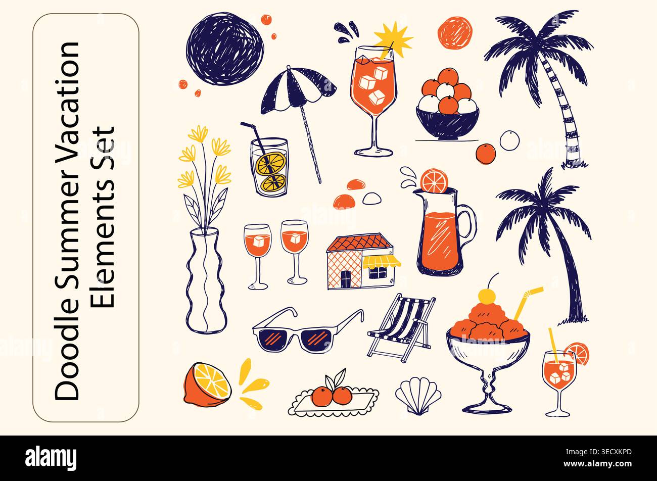 Farbenfrohe handgezeichnete Sommerferiensammlung mit Sonnenschirmen und Getränken Stock Vektor