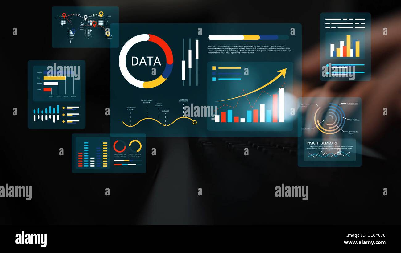 Moderne Datenvisualisierung mit Diagrammen, Diagrammen und Analysen für Business Insights im digitalen Dashboard, das Trends und Leistungskennzahlen anzeigt Stockfoto
