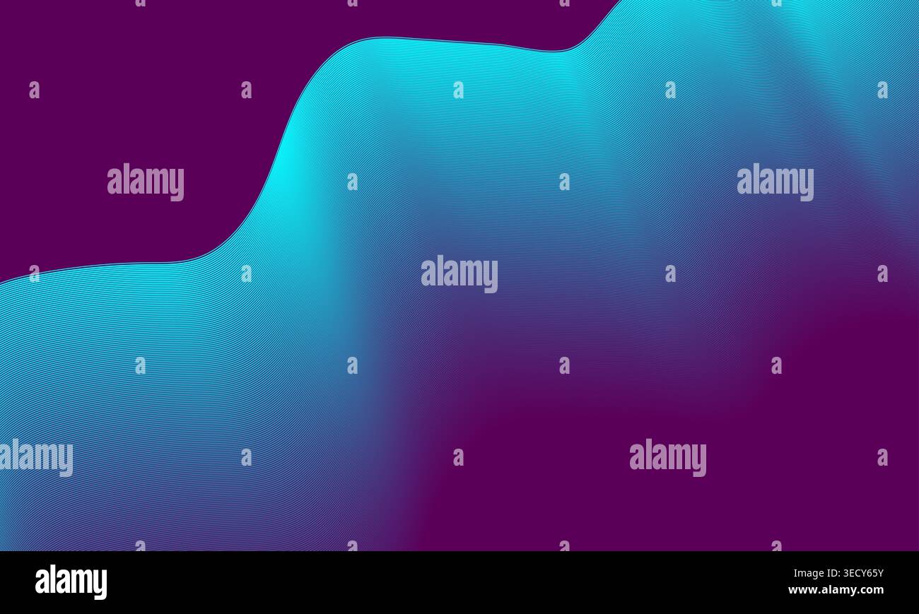 Eleganter abstrakter Hintergrund mit cyan fließenden Linien auf tiefviolettem Hintergrund modernes Grafikdesign wellige Textur flüssige Bewegung kreative digitale Kunst Fortsetzung Stockfoto