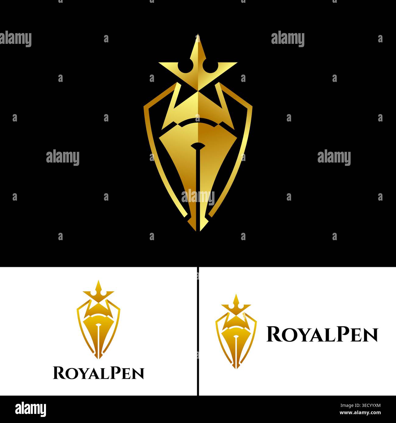 Stiftsymbol mit Krone in Schildform. Abstraktes Sicherheits- oder Schriftstellerlogo. Stock Vektor