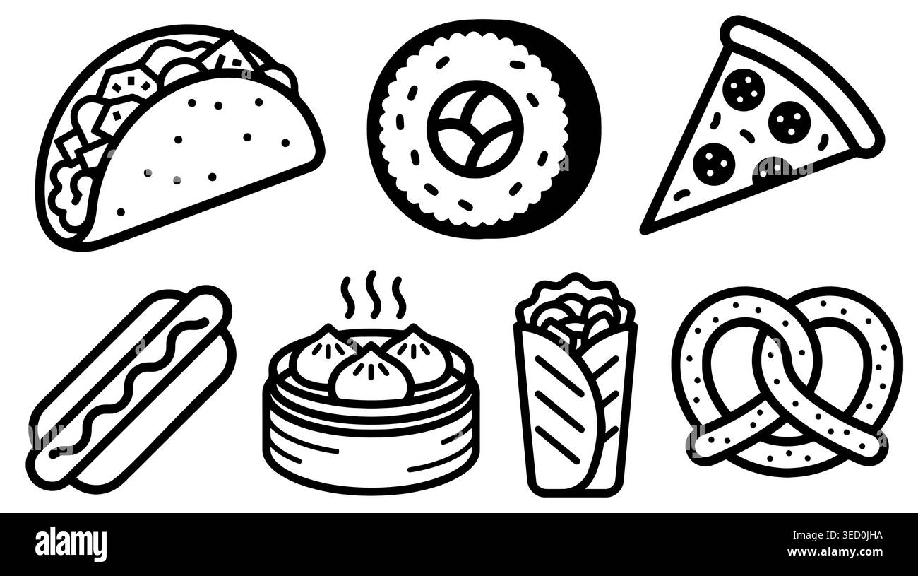 Vektor-Illustration Set von Fast Food und internationaler Küche im schwarz-weißen Umrissstil, einschließlich Taco, Sushi, Pizza, Hot Dog, und Dim Sum. Stock Vektor